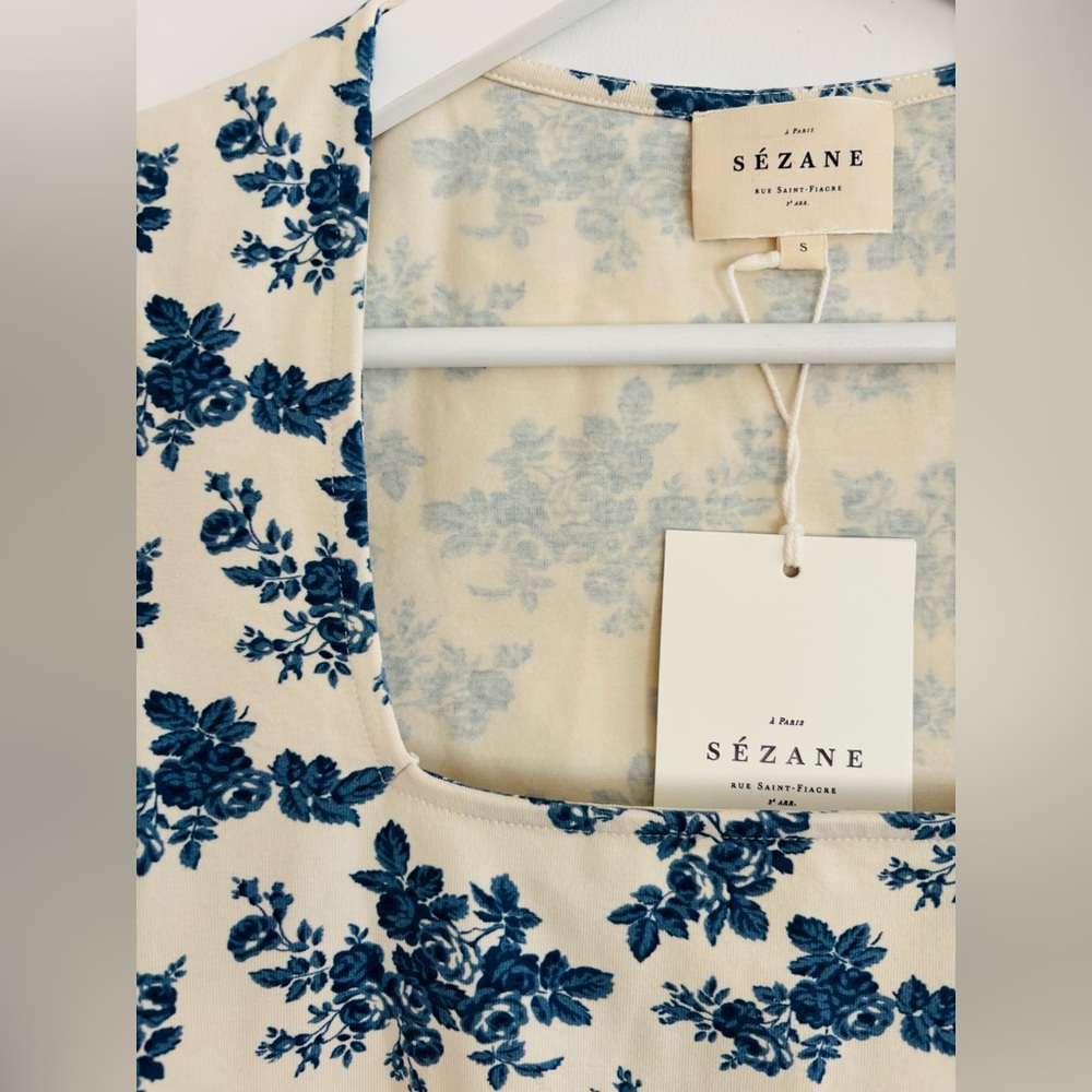 Sézane Amara T-Shirt Fiori Blue Print Size Small - Picture 5 of 6